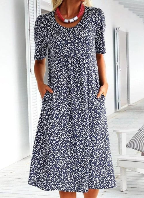💝HEIßER VERKAUF💝Lässiges Baumwollkleid mit U-Ausschnitt und Blumenmuster für Damen (8 Farben mit Taschen)