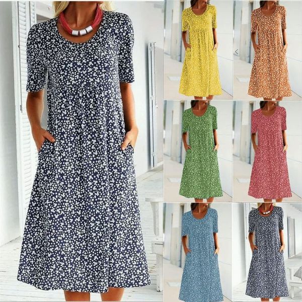 💝HEIßER VERKAUF💝Lässiges Baumwollkleid mit U-Ausschnitt und Blumenmuster für Damen (8 Farben mit Taschen)