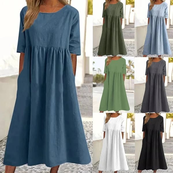 ☀️2025 frühsommer neu 👗Baumwollkleid mit Rundhalsausschnitt und Tasche - Kauf 2 kostenloser Versand