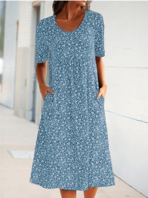 💝HEIßER VERKAUF💝Lässiges Baumwollkleid mit U-Ausschnitt und Blumenmuster für Damen (8 Farben mit Taschen)