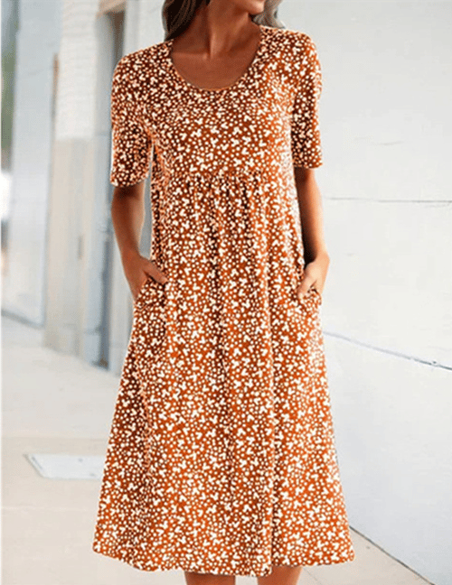 💝HEIßER VERKAUF💝Lässiges Baumwollkleid mit U-Ausschnitt und Blumenmuster für Damen (8 Farben mit Taschen)