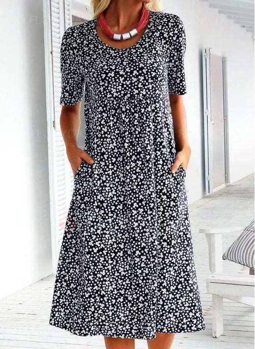💝HEIßER VERKAUF💝Lässiges Baumwollkleid mit U-Ausschnitt und Blumenmuster für Damen (8 Farben mit Taschen)