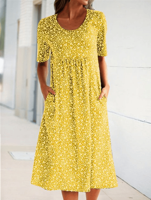 💝HEIßER VERKAUF💝Lässiges Baumwollkleid mit U-Ausschnitt und Blumenmuster für Damen (8 Farben mit Taschen)