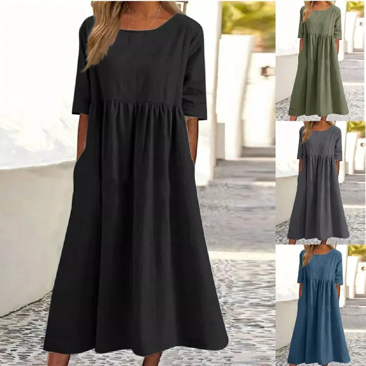 ☀️2025 frühsommer neu 👗Baumwollkleid mit Rundhalsausschnitt und Tasche - Kauf 2 kostenloser Versand
