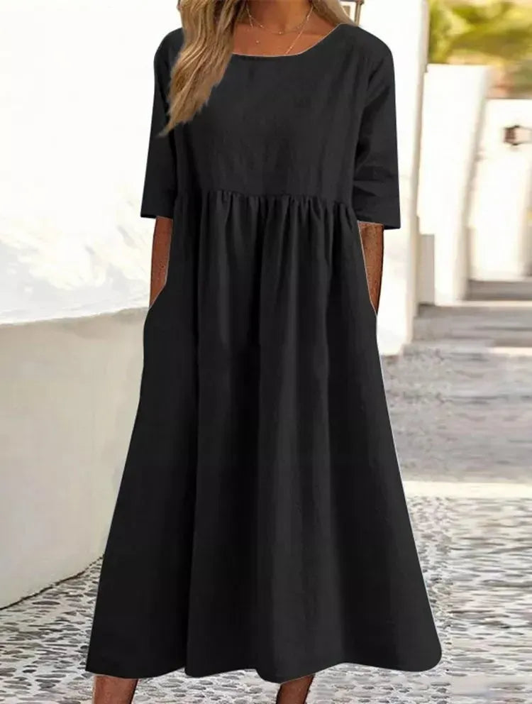 ☀️2025 frühsommer neu 👗Baumwollkleid mit Rundhalsausschnitt und Tasche - Kauf 2 kostenloser Versand