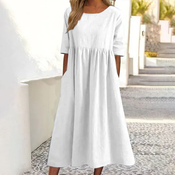 ☀️2025 frühsommer neu 👗Baumwollkleid mit Rundhalsausschnitt und Tasche - Kauf 2 kostenloser Versand