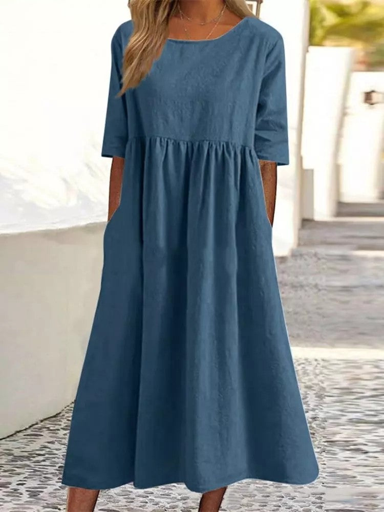 ☀️2025 frühsommer neu 👗Baumwollkleid mit Rundhalsausschnitt und Tasche - Kauf 2 kostenloser Versand