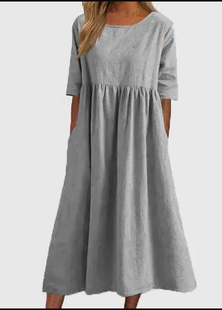 ☀️2025 frühsommer neu 👗Baumwollkleid mit Rundhalsausschnitt und Tasche - Kauf 2 kostenloser Versand