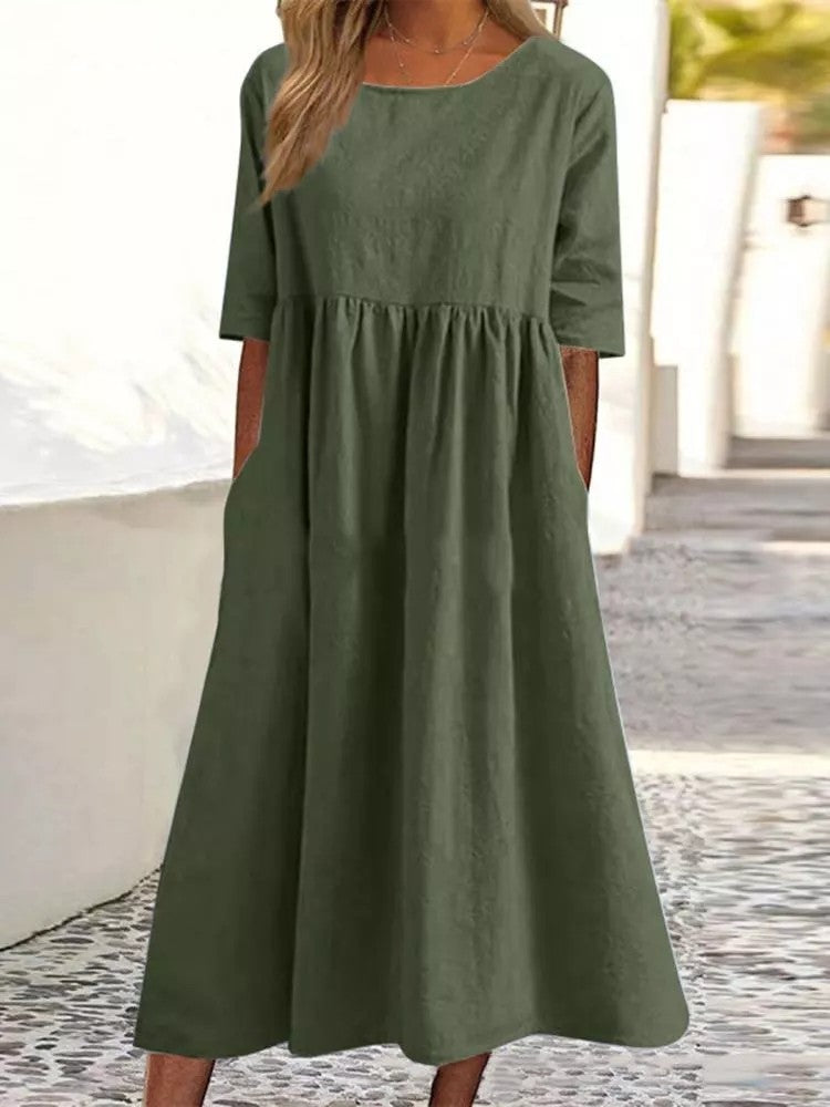☀️2025 frühsommer neu 👗Baumwollkleid mit Rundhalsausschnitt und Tasche - Kauf 2 kostenloser Versand