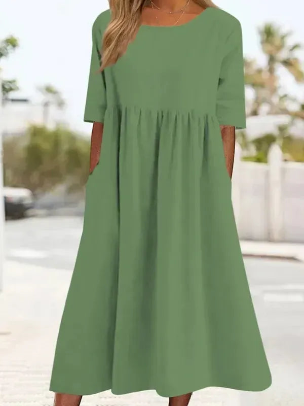 ☀️2025 frühsommer neu 👗Baumwollkleid mit Rundhalsausschnitt und Tasche - Kauf 2 kostenloser Versand