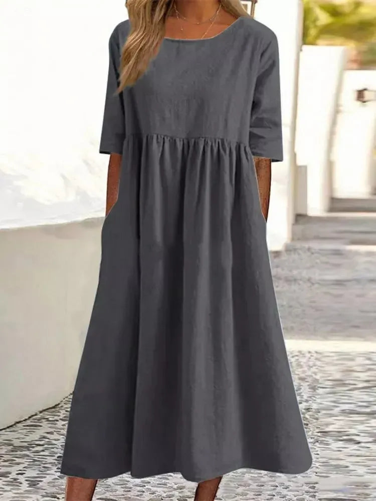 ☀️2025 frühsommer neu 👗Baumwollkleid mit Rundhalsausschnitt und Tasche - Kauf 2 kostenloser Versand