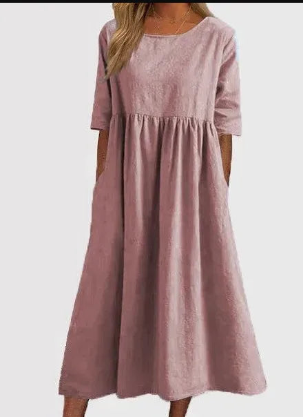 ☀️2025 frühsommer neu 👗Baumwollkleid mit Rundhalsausschnitt und Tasche - Kauf 2 kostenloser Versand
