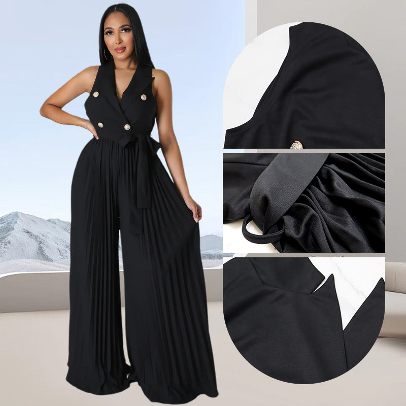 60%Rabatte✨Modische Outfits zum Pendeln ✨Plissierter Jumpsuit mit V-Ausschnitt und weitem Bein