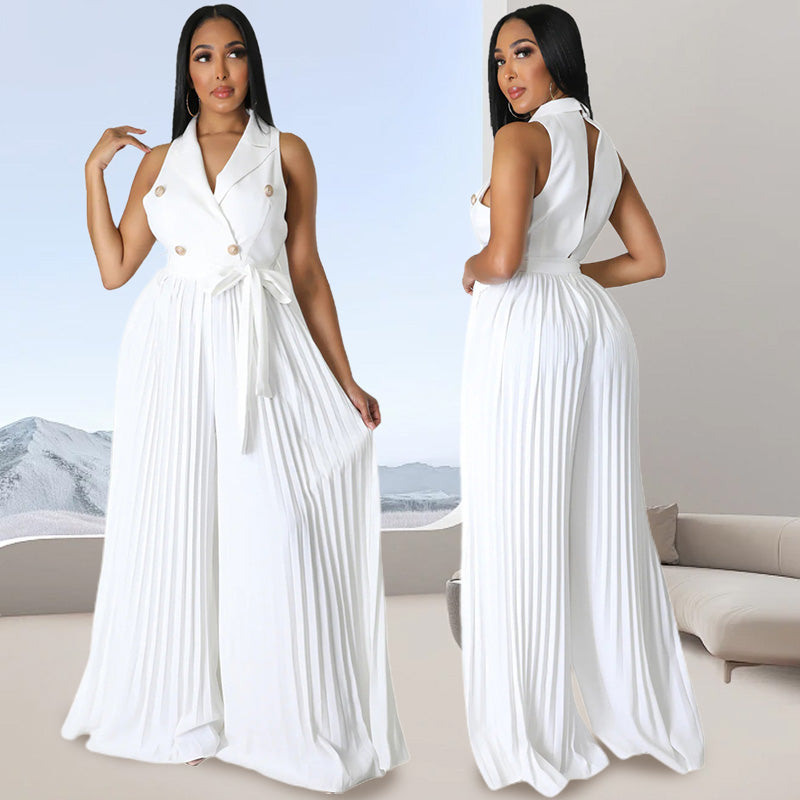 60%Rabatte✨Modische Outfits zum Pendeln ✨Plissierter Jumpsuit mit V-Ausschnitt und weitem Bein