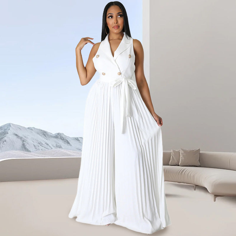 60%Rabatte✨Modische Outfits zum Pendeln ✨Plissierter Jumpsuit mit V-Ausschnitt und weitem Bein