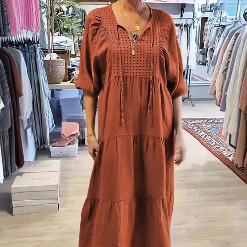 💥58 % RABATT 💕Langes Damenkleid mit gestuftem V-Ausschnitt und halben Ärmeln