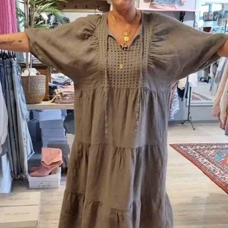 💥58 % RABATT 💕Langes Damenkleid mit gestuftem V-Ausschnitt und halben Ärmeln