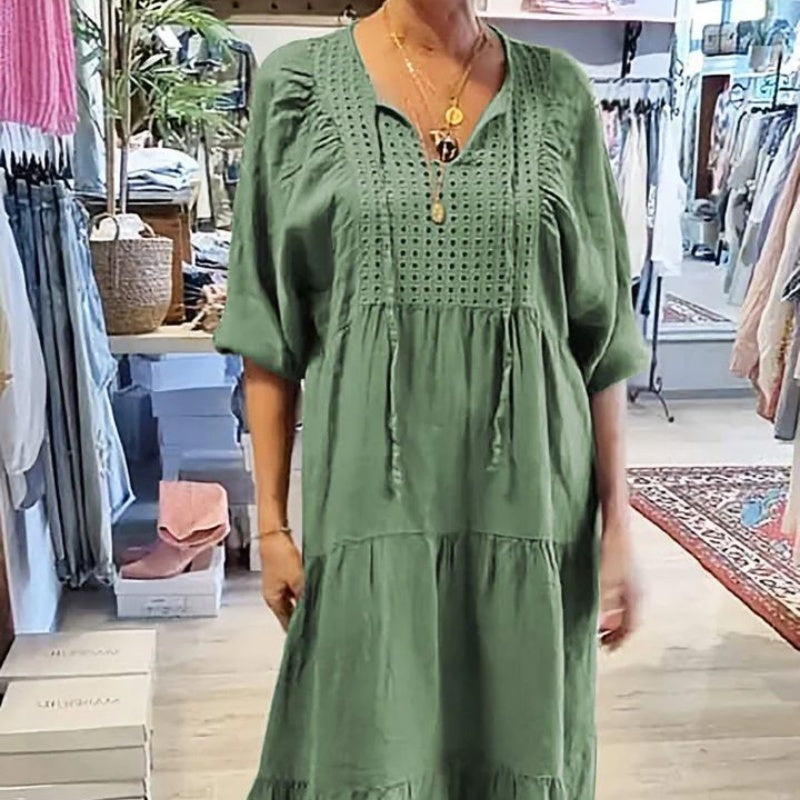 💥58 % RABATT 💕Langes Damenkleid mit gestuftem V-Ausschnitt und halben Ärmeln