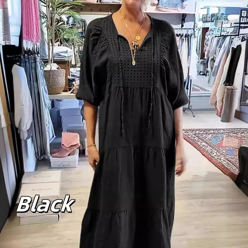 💥58 % RABATT 💕Langes Damenkleid mit gestuftem V-Ausschnitt und halben Ärmeln
