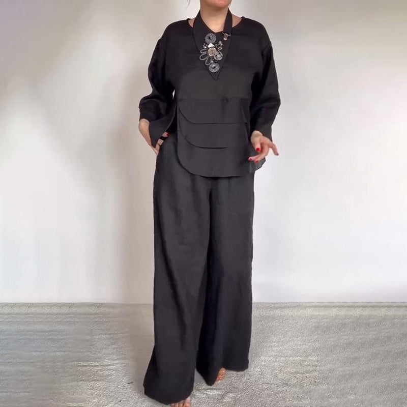 🌟Exklusive 64% RABATT🧥+👖Lässige, lockere 2-teilige Outfits für Damen, Satin-Oberteil und Hose