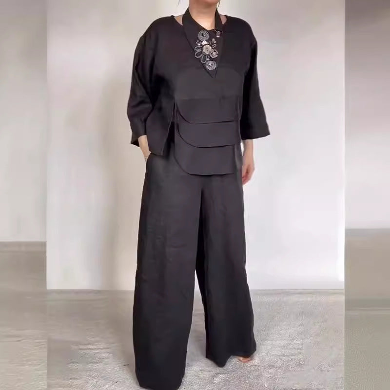 🌟Exklusive 64% RABATT🧥+👖Lässige, lockere 2-teilige Outfits für Damen, Satin-Oberteil und Hose