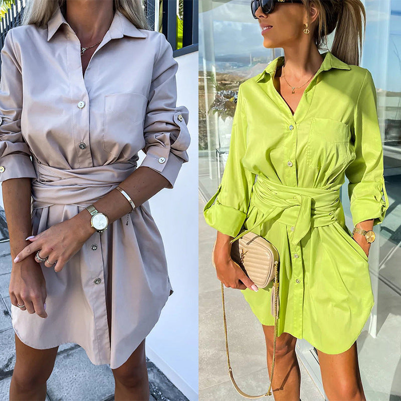 💥Zeitlich begrenzt 57 % RABATT 💕Trendy einfarbiges Hemdblusenkleid mit Bindegürtel für Damen