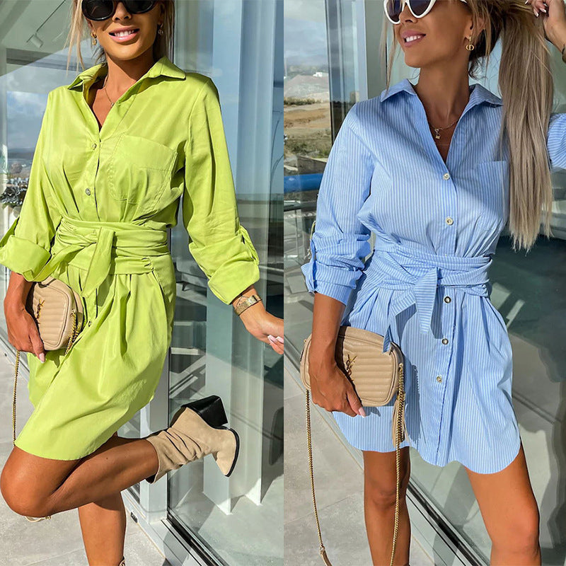💥Zeitlich begrenzt 57 % RABATT 💕Trendy einfarbiges Hemdblusenkleid mit Bindegürtel für Damen