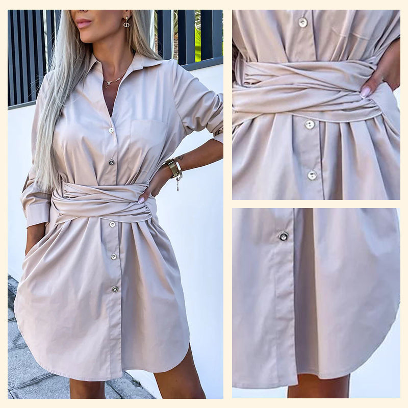 💥Zeitlich begrenzt 57 % RABATT 💕Trendy einfarbiges Hemdblusenkleid mit Bindegürtel für Damen