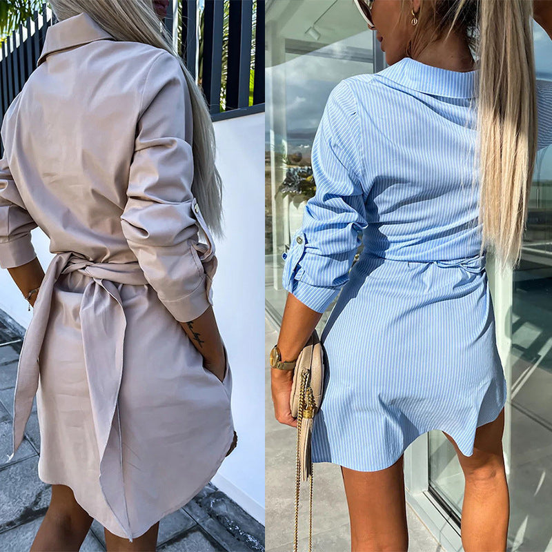 💥Zeitlich begrenzt 57 % RABATT 💕Trendy einfarbiges Hemdblusenkleid mit Bindegürtel für Damen