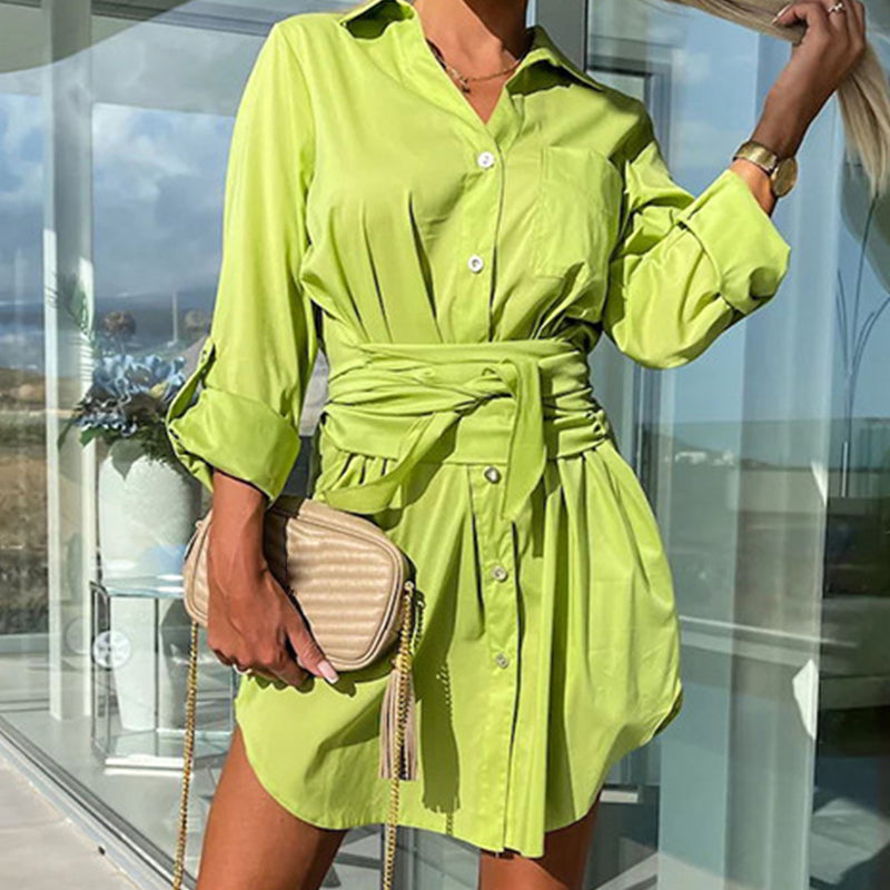 💥Zeitlich begrenzt 57 % RABATT 💕Trendy einfarbiges Hemdblusenkleid mit Bindegürtel für Damen