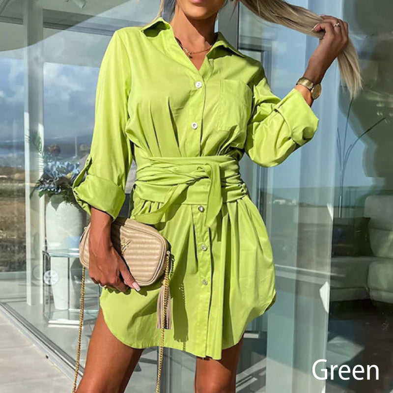 💥Zeitlich begrenzt 57 % RABATT 💕Trendy einfarbiges Hemdblusenkleid mit Bindegürtel für Damen