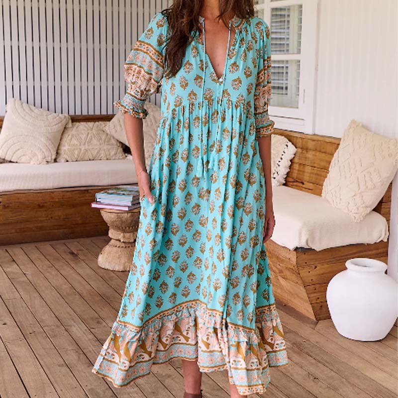 🍂Frühherbst-Specials 55% RABATT👗Blumen-V-Ausschnitt-Swing-Kleid mit hoher Taille in A-Linie