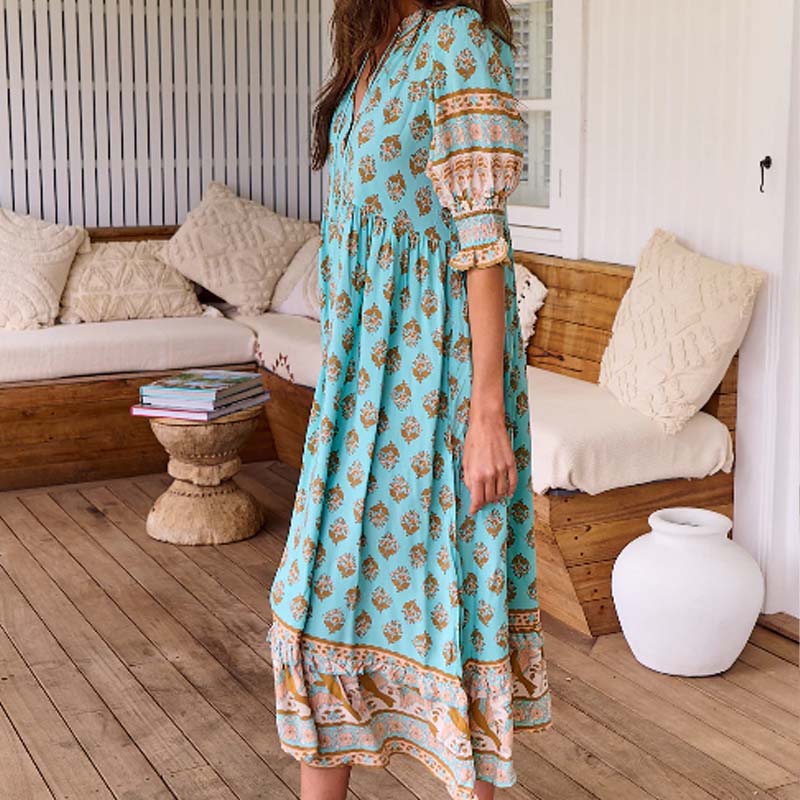 🍂Frühherbst-Specials 55% RABATT👗Blumen-V-Ausschnitt-Swing-Kleid mit hoher Taille in A-Linie
