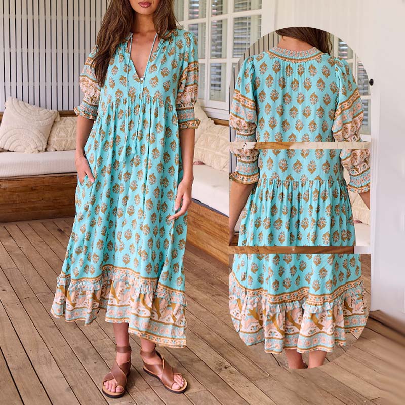 🍂Frühherbst-Specials 55% RABATT👗Blumen-V-Ausschnitt-Swing-Kleid mit hoher Taille in A-Linie
