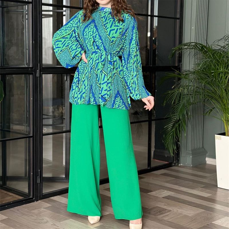 Modische Plissee-Bluse & Hose mit weitem Bein, 2-teiliges Set