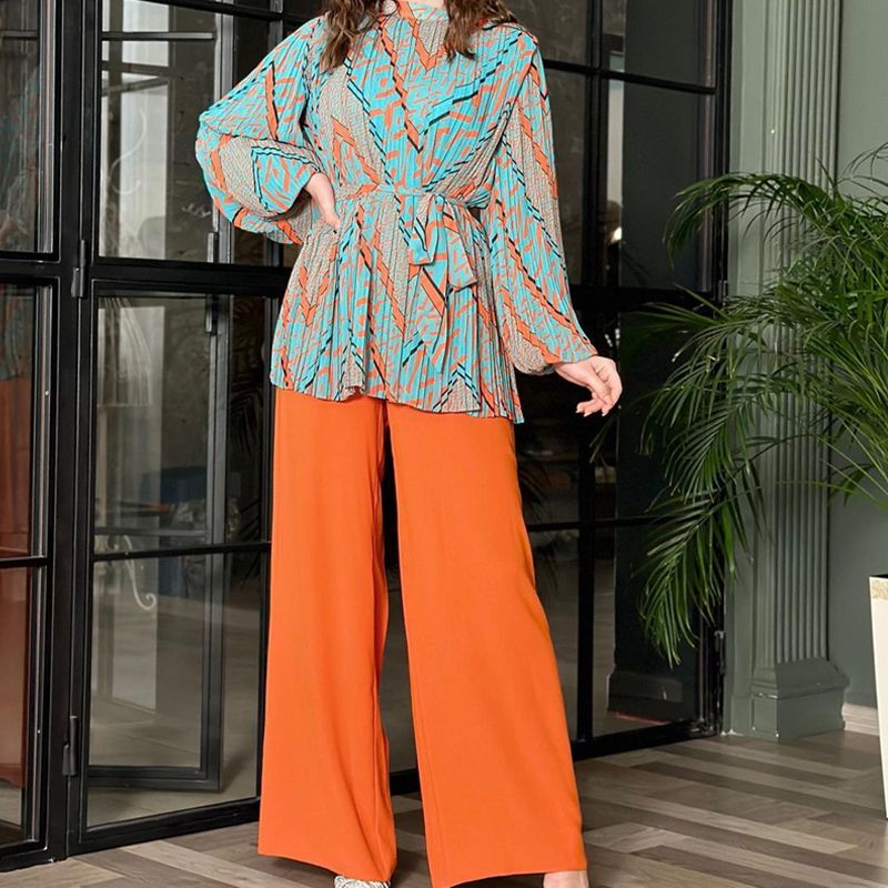 Modische Plissee-Bluse & Hose mit weitem Bein, 2-teiliges Set