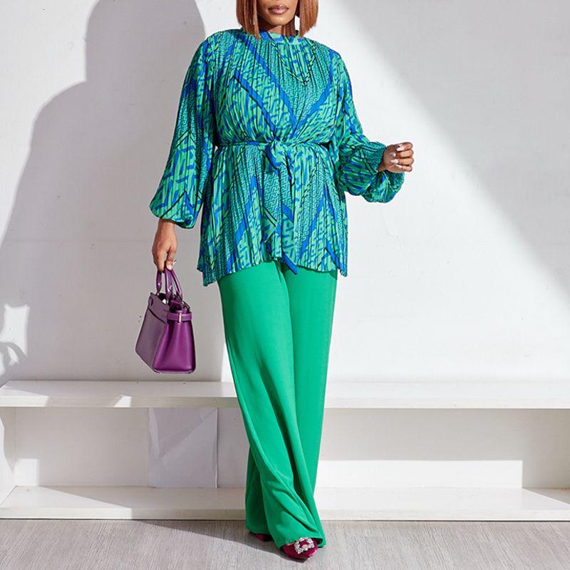 Modische Plissee-Bluse & Hose mit weitem Bein, 2-teiliges Set