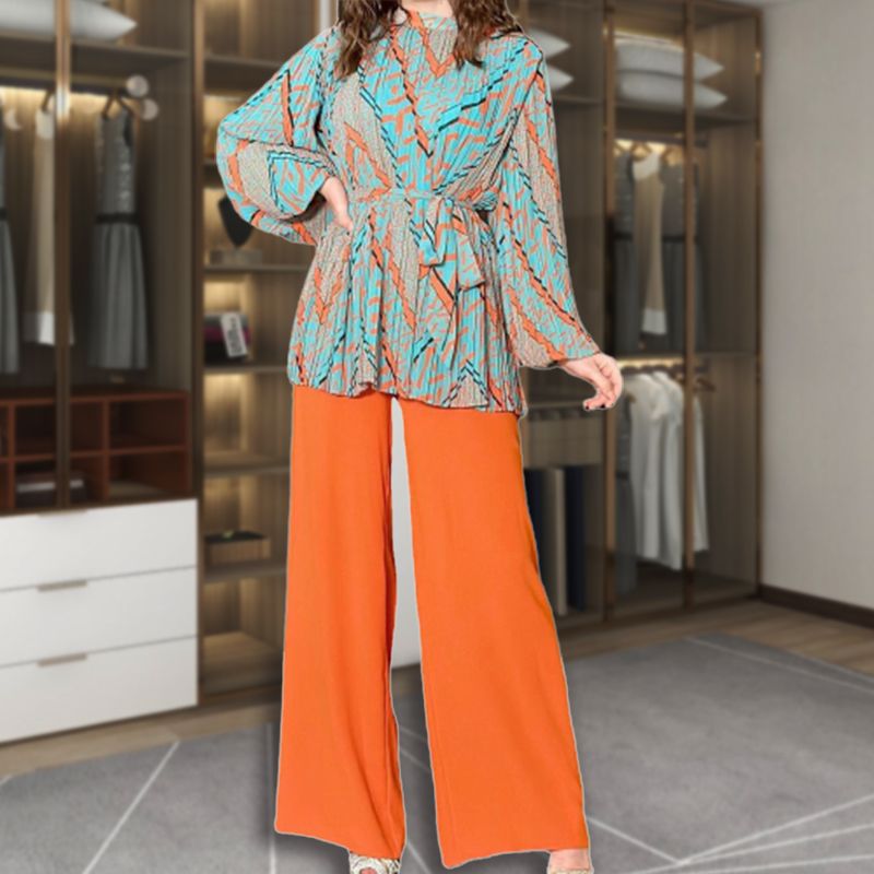 Modische Plissee-Bluse & Hose mit weitem Bein, 2-teiliges Set