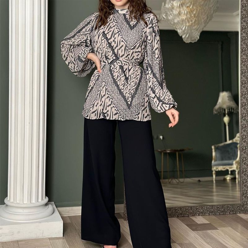 Modische Plissee-Bluse & Hose mit weitem Bein, 2-teiliges Set