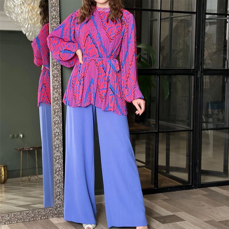 Modische Plissee-Bluse & Hose mit weitem Bein, 2-teiliges Set