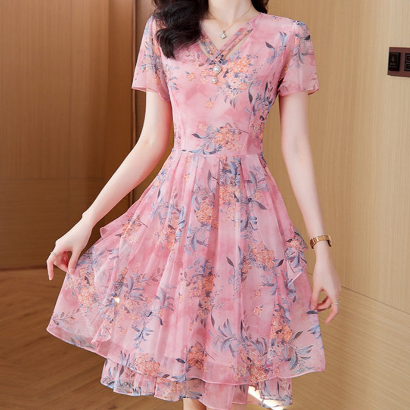 💥Herbst-Neuankünfte🌷Damen Kurzarm V-Ausschnitt Blumenkleid
