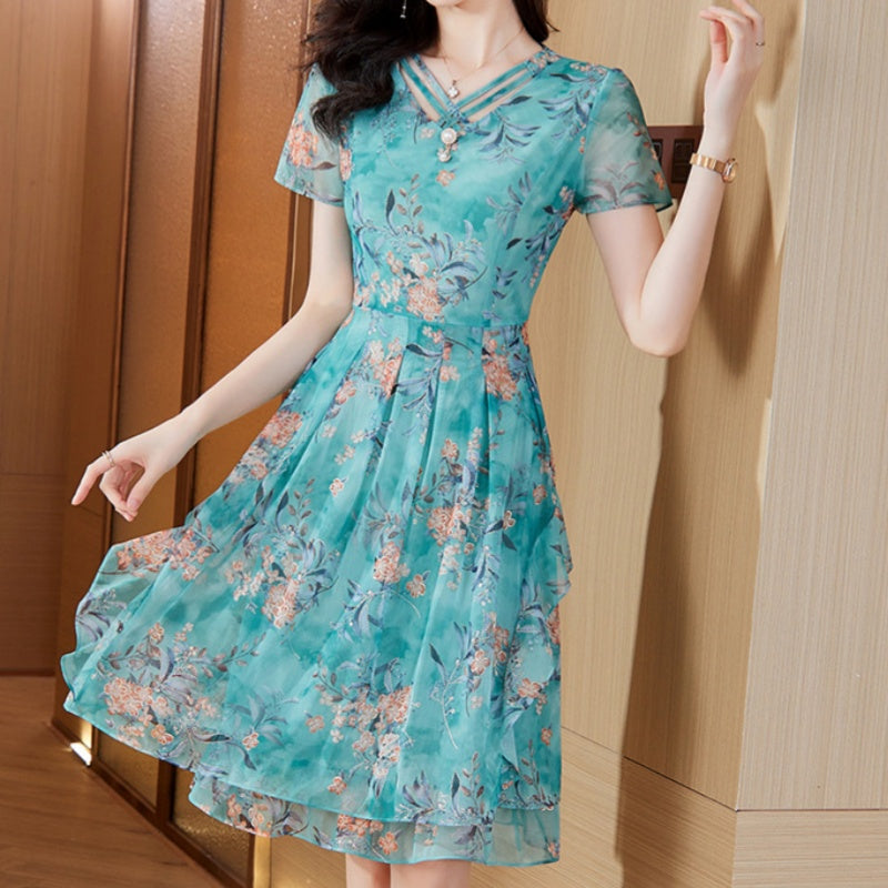 💥Herbst-Neuankünfte🌷Damen Kurzarm V-Ausschnitt Blumenkleid