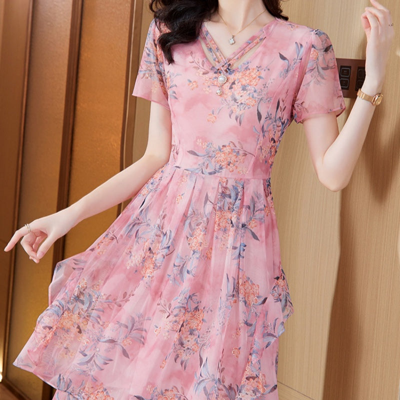 💥Herbst-Neuankünfte🌷Damen Kurzarm V-Ausschnitt Blumenkleid