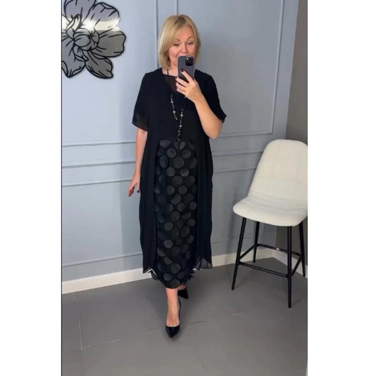 đHerbst-SpecialsđElegantes schwarzes Kleid mit V-Ausschnitt und UnregelmäĂige Outwear (2-teiliges Set)