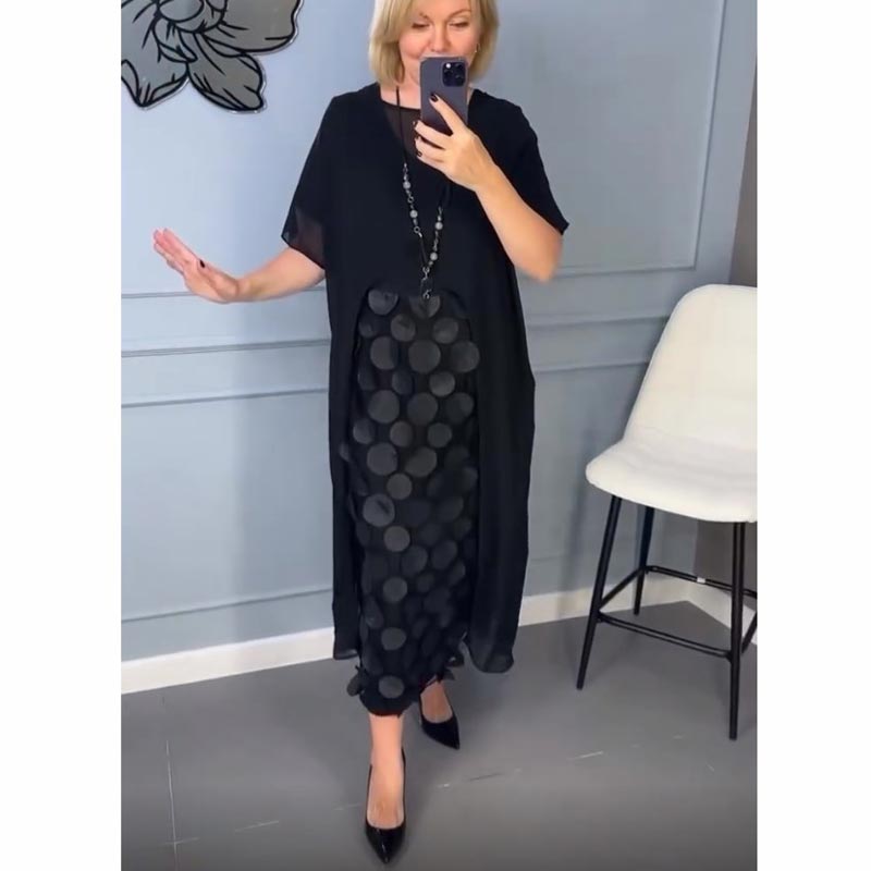 đHerbst-SpecialsđElegantes schwarzes Kleid mit V-Ausschnitt und UnregelmäĂige Outwear (2-teiliges Set)