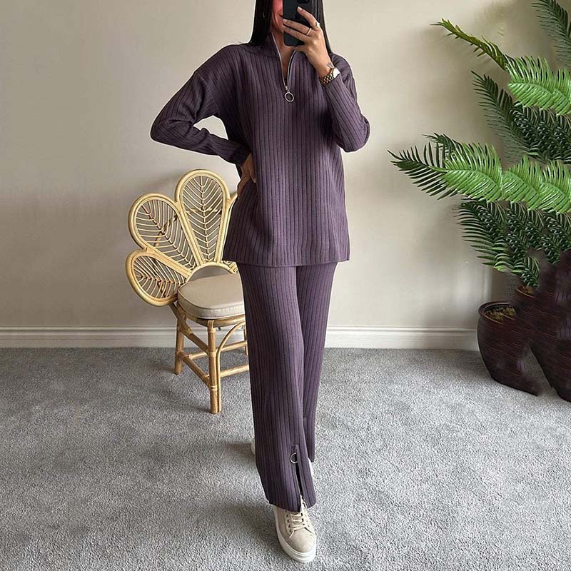 🍂Frühherbst-Special 59 % Rabatt💕Gemütliches zweiteiliges Set aus Rippstrick für Damen mit Hose mit geschlitztem Bein
