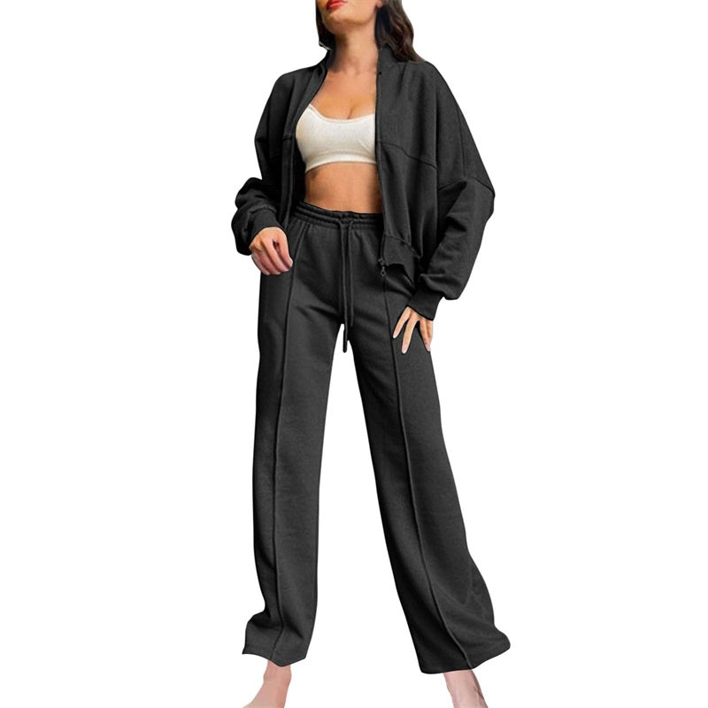 55% Rabatt🔥Zweiteiliges Damen-Set mit Langarm-Reißverschluss, Mantel und Kordelzug, Jogginghose