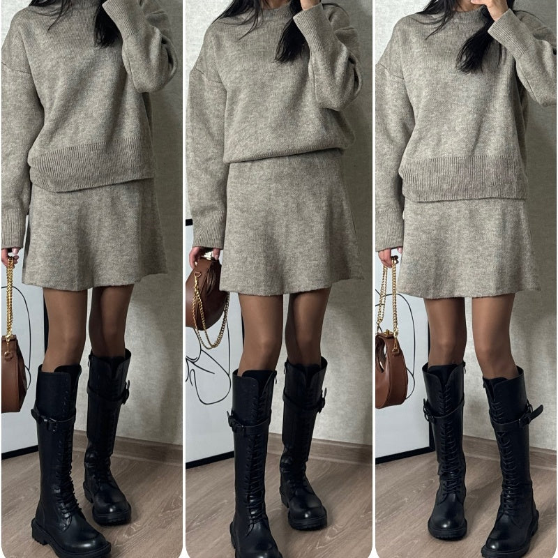 đ2-teiliges Strickset fĂŒr Damen: LangĂ€rmeliges Oberteil & Minirockđ