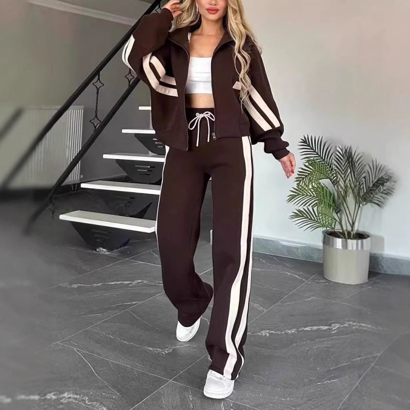 🎁Zweiteiler für Damen:✨ Gestreifte Jacke mit Reißverschluss und Freizeithose🌸
