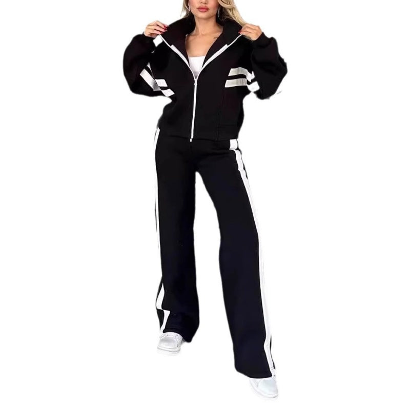 🎁Zweiteiler für Damen:✨ Gestreifte Jacke mit Reißverschluss und Freizeithose🌸